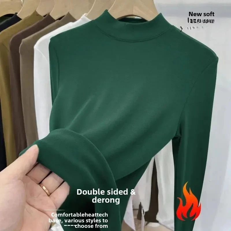 Spring Autumn Soft Fleece Women's Base Shirt Double-Sided Velvet Half-High Collar Warm Winter T-Shirt Pure Brushed Thermal Top
