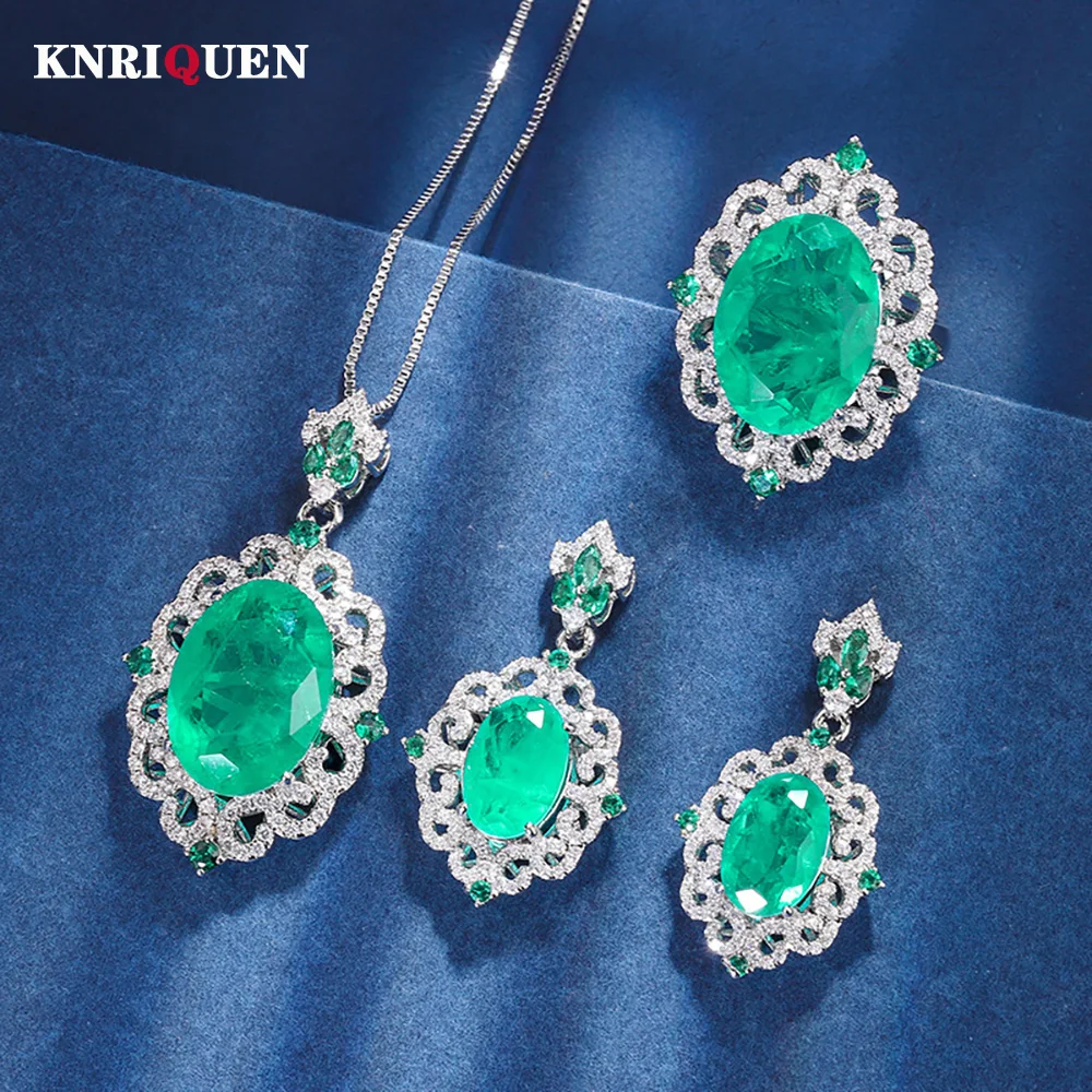 Retro 13*18mm Emerald Gemstone Necklace Pendant Ring Earrings Lab Diamond Wedding Party Women Fine Jewelry Sets Anniversary Gift