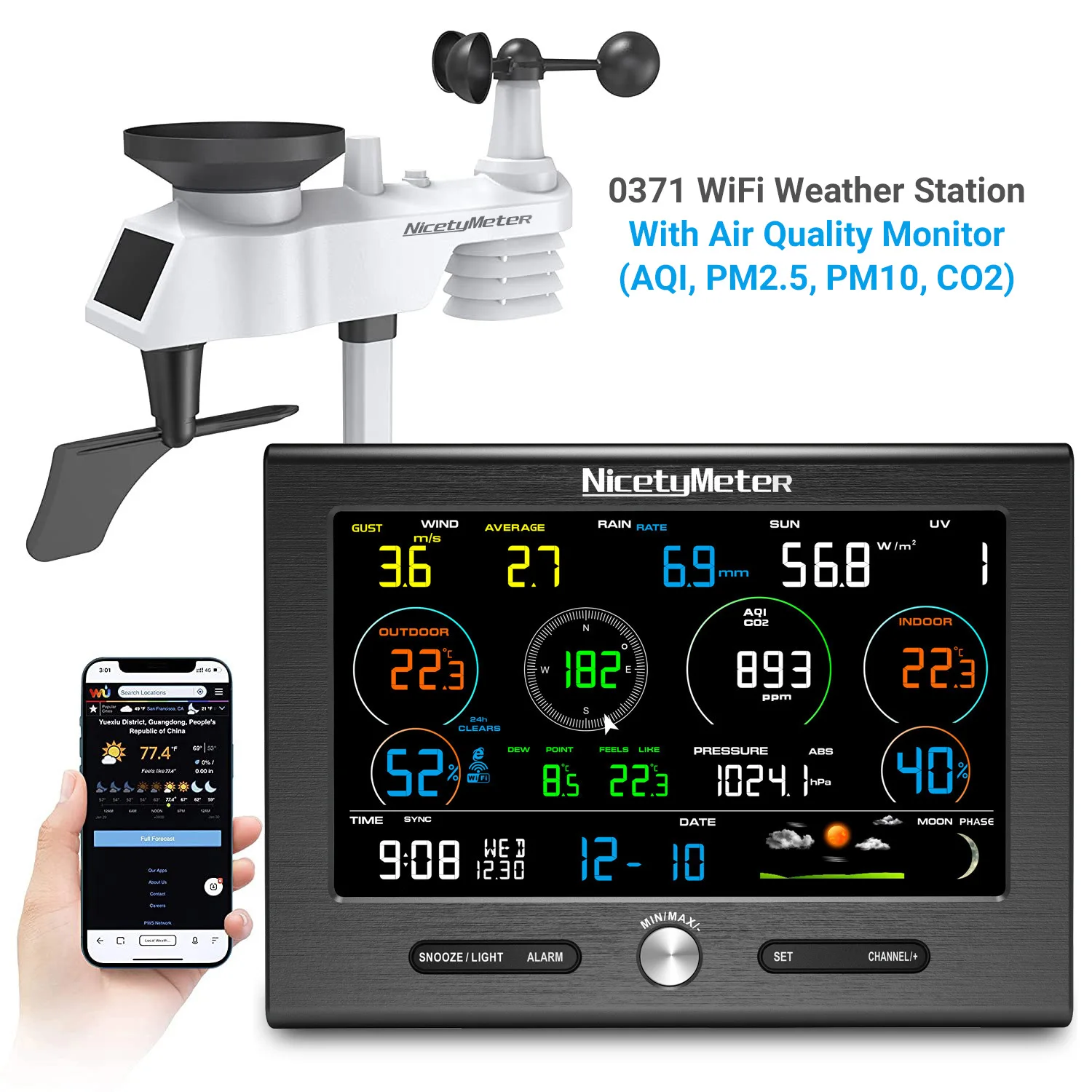 Stazione meteorologica Smart Wifi 0371 con Pm2.5 Pm1.0, igrometro per caffè ABS OEM in carbonio da 10% a 99% funzione Co2 da 0 a 60C