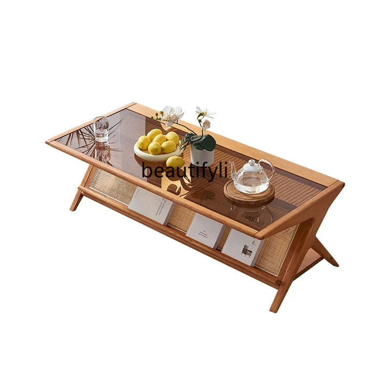 

l5 Nordic Solid Wood Coffee Table Household Rectangular RattanTea Table Nordic Simple Small Apartment Living Room Furniture