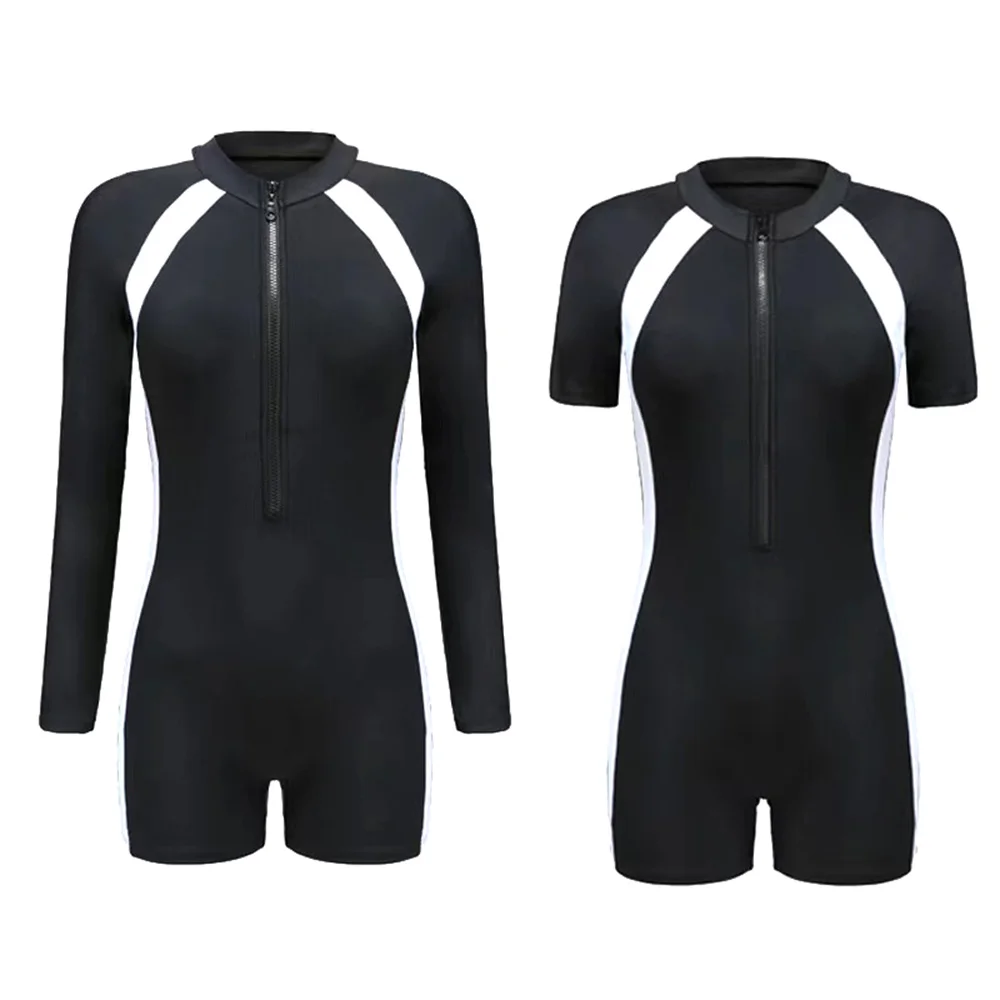 Women\'s One-Piece Swimsuit Long Short Sleeves Swimwear Female Zipper Rash Guard Summer Surfing Diving Clothes Bathing Suit