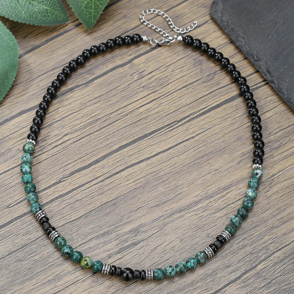 Französische Retro-Halskette mit grünen Natursteinperlen, Bohemian-Stil, handgefertigt für Männer, modischer Sommerschmuck und Accessoires – Detail 3