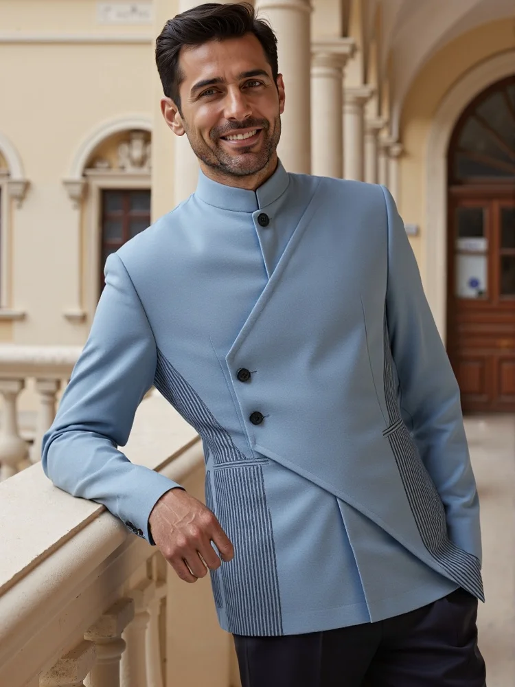 Men Button Single Blazer Slim Fit Plain Light Blue Stand Collar Fashion Business Outer Coat Vertical Texture Side Panels