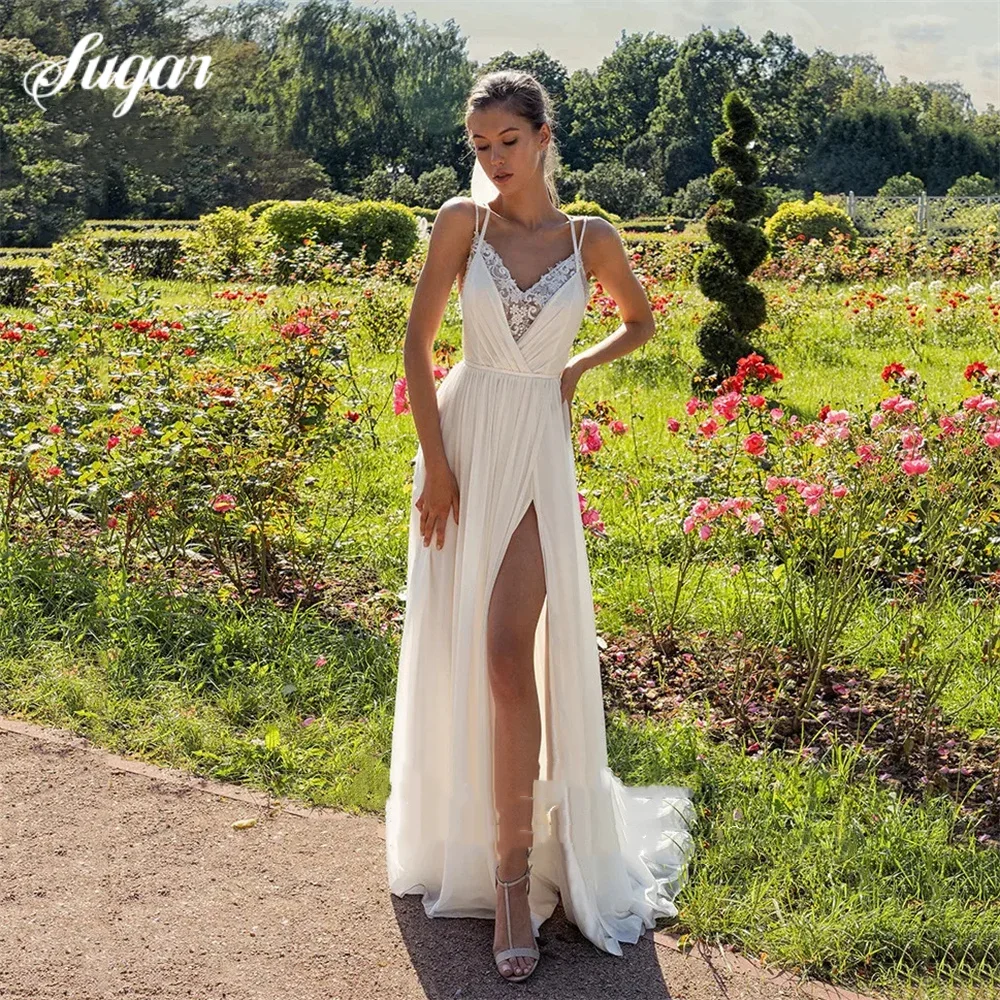 

Customized Chiffon Spaghetti Strap V-Neck Chiffon Wedding Dress High Side Slit A-Line Sleeveless Backless Bride Gown For Women