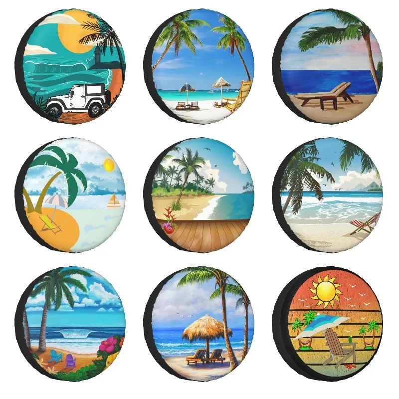 Jeep Beach Ocean Scene Spare Tire Cover for Toyota Mitsubishi Suzuki SUV 4WD 4x4 Palm Tree Car Wheel Covers 14