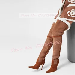 Furry Mix Colors Warm Thigh High Boots Women Nifty Pointy Toe Stiletto High Heels Slim Stretch Boots Ladies Fashion Brown Shoes