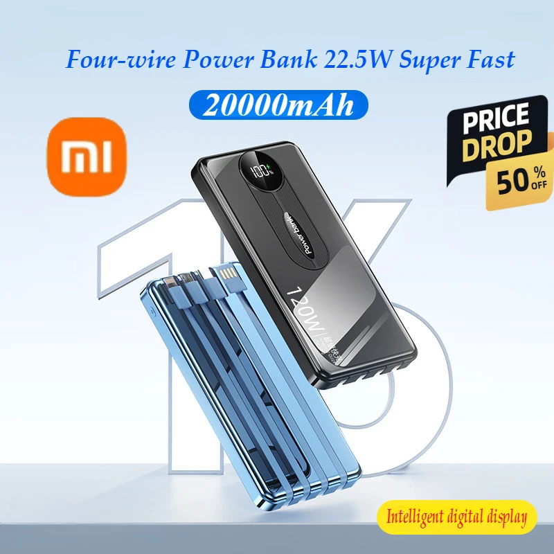 Xiaomi 4-wire Power Bank 20000mAh Fast Charging Compact Large Capacity for iPhone and Android phones 10000Mah Power Bank