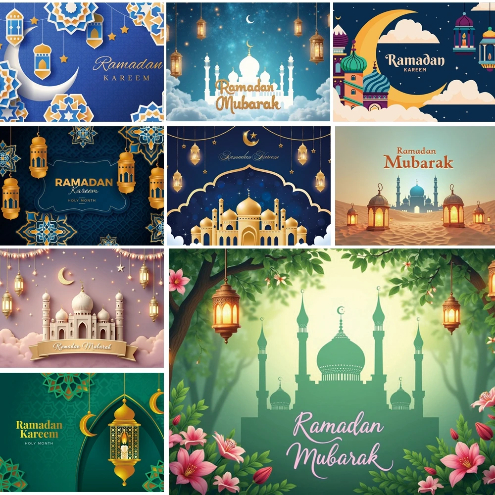 

MOON.QG Ramadan Night Scene Backdrop Dark Blue Mosque Hanging Lanterns Photo Background Portrait Poster Photobooth Banner Studio