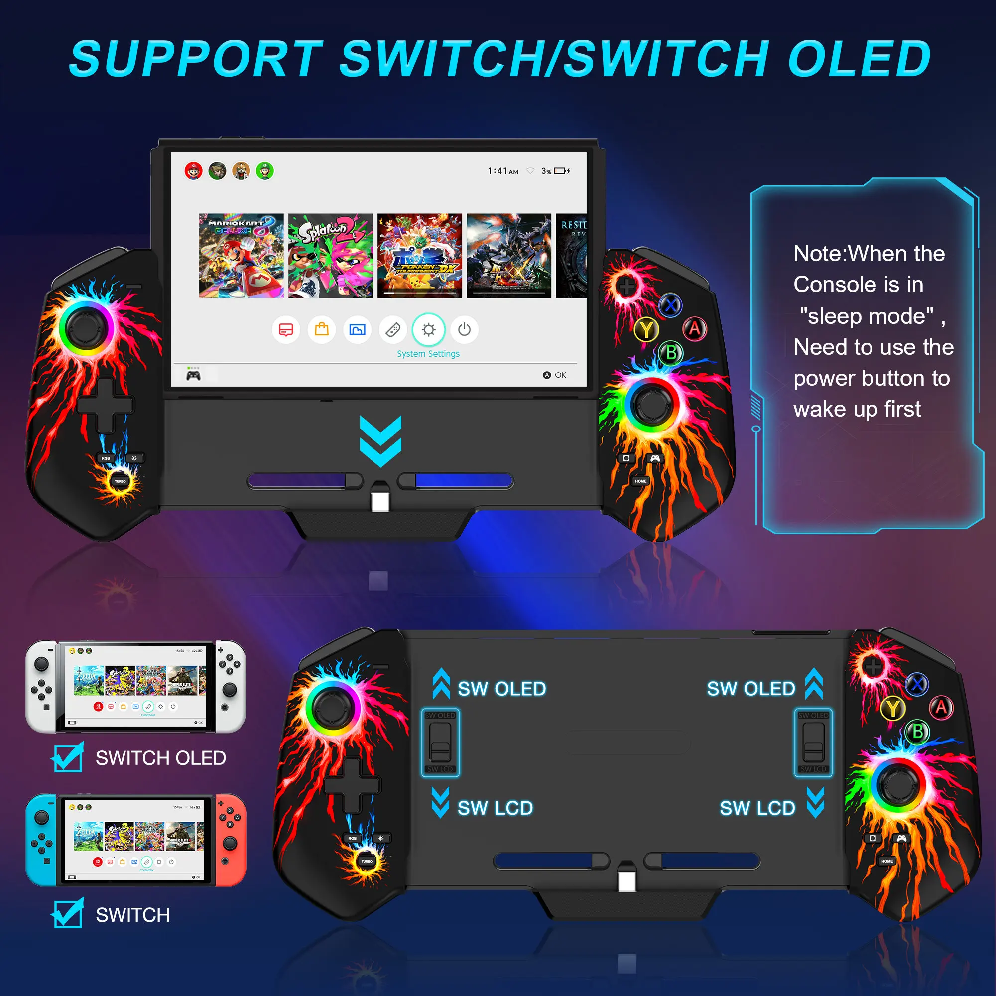 BEBONCOOL RGB Hall Effect قطعة واحدة Joycon لنينتندو سويتش/سويتش OLED المدمج في 6 محاور الدوران محرك مزدوج الاهتزاز غمبد