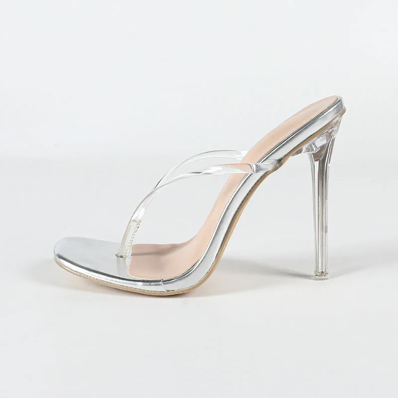 Summer Slippers Women PVC Square Toe Stiletto Transparent Sandals Ladies Shoes High Heels Flip Flops