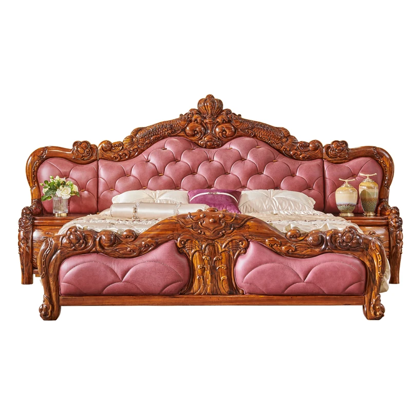 #European Classical Luxury Villa Bedroom King Size Double Wedding Bed Solid Wood Genuine Leather with Storage and Socket