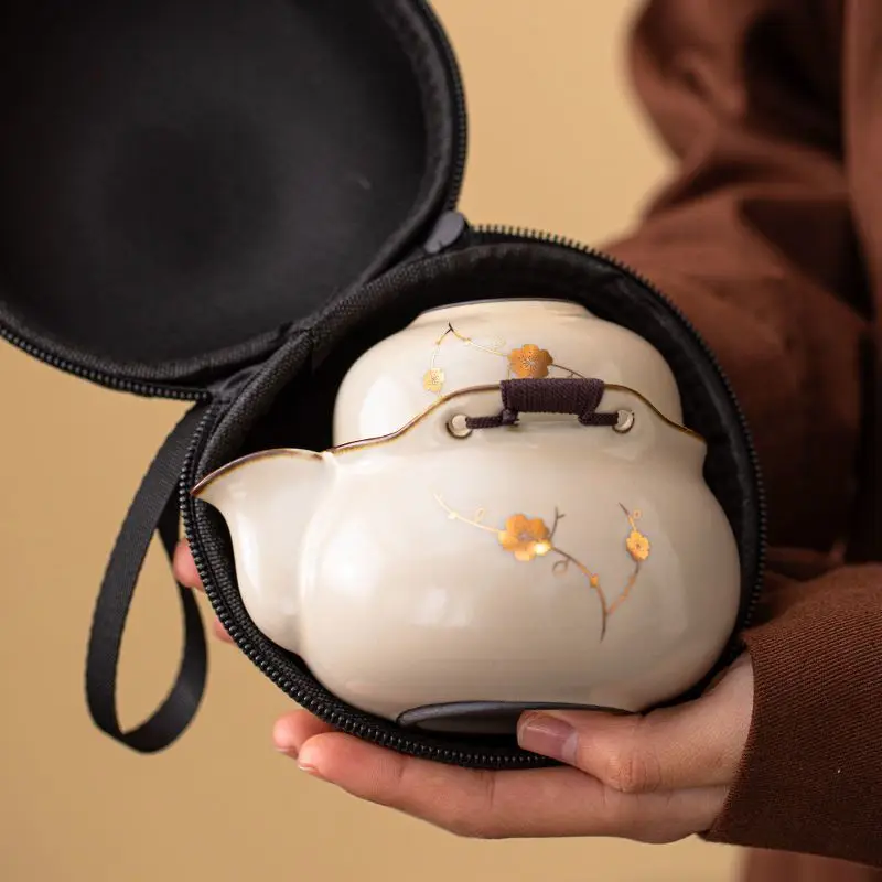 Portable Retro Ruyao Ceramic Travel Kung Fu Tea Set with 3 Cups Handwritten LanTingXu Tea Tray Outdoor Teapot Friend Gift