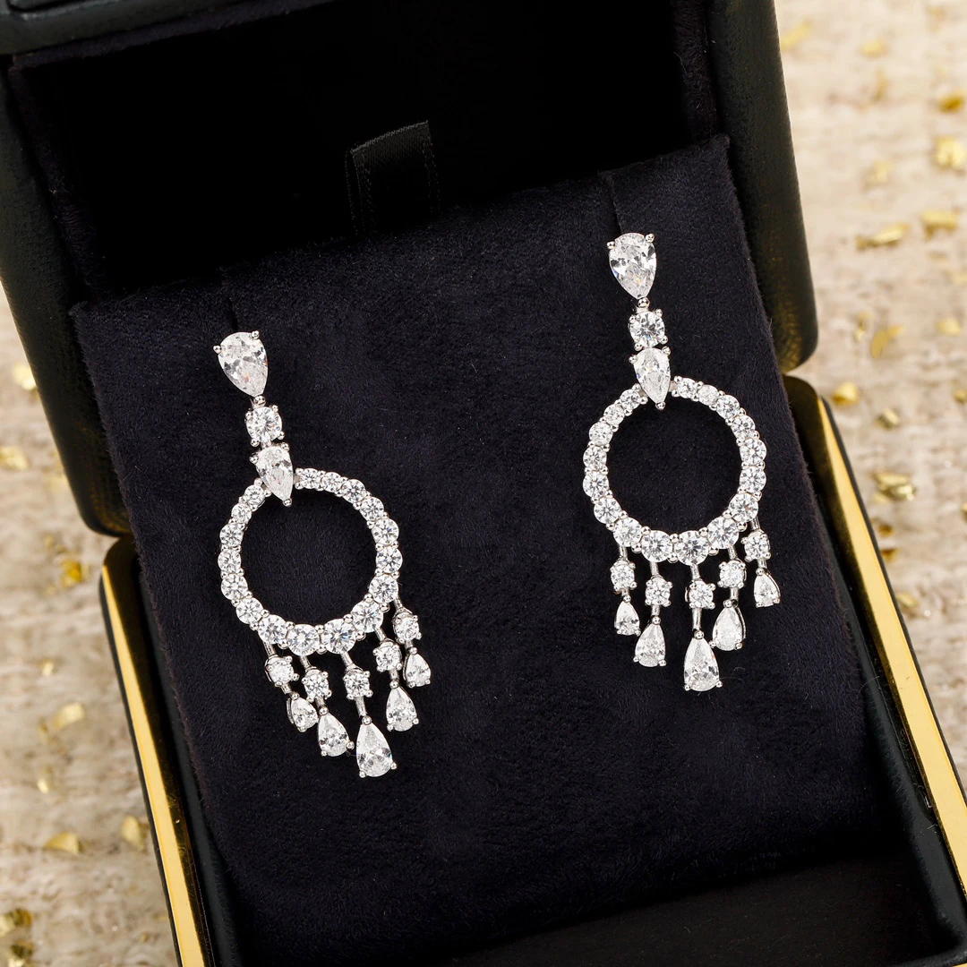 Europe Silver Tassel Diamond Zircon Earrings Women Top Quality Luxury Gorgeous Party Jewelry