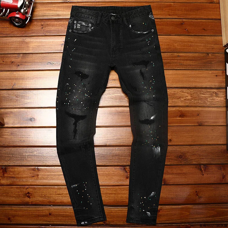 Black Distressed Men Jeans With Patches And Splashed Ink Fashionable And Personalized Casual Elastic Slim Fit Straight Leg Denim