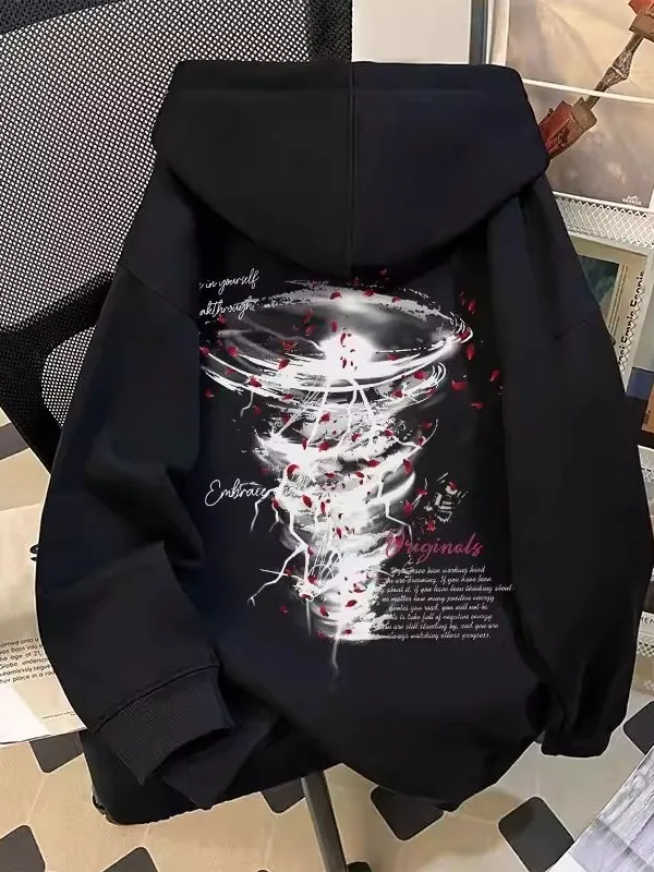 

Худи большого размера с принтом «Красные лепестки-торнадо», свободного кроя, осенне-зимний, из смесового хлопка, дышащий, ветрозащитный, водоотталкивающий