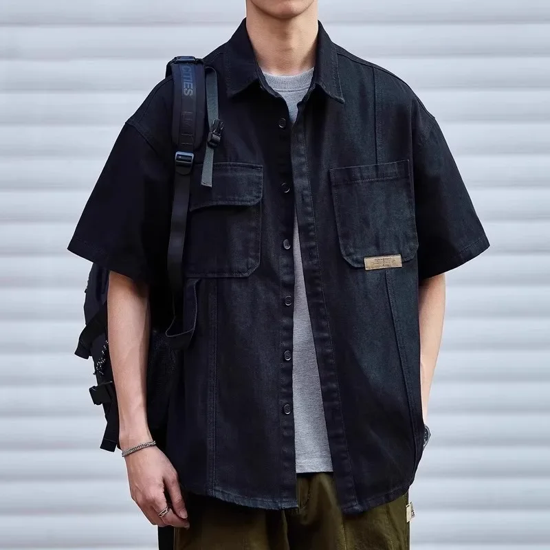 Summer New Fashion Vintage Men's Heavy Duty Casual Trendy Solid Color Loose Turn-down Collar Short Sleeve Pocket Shirts Male