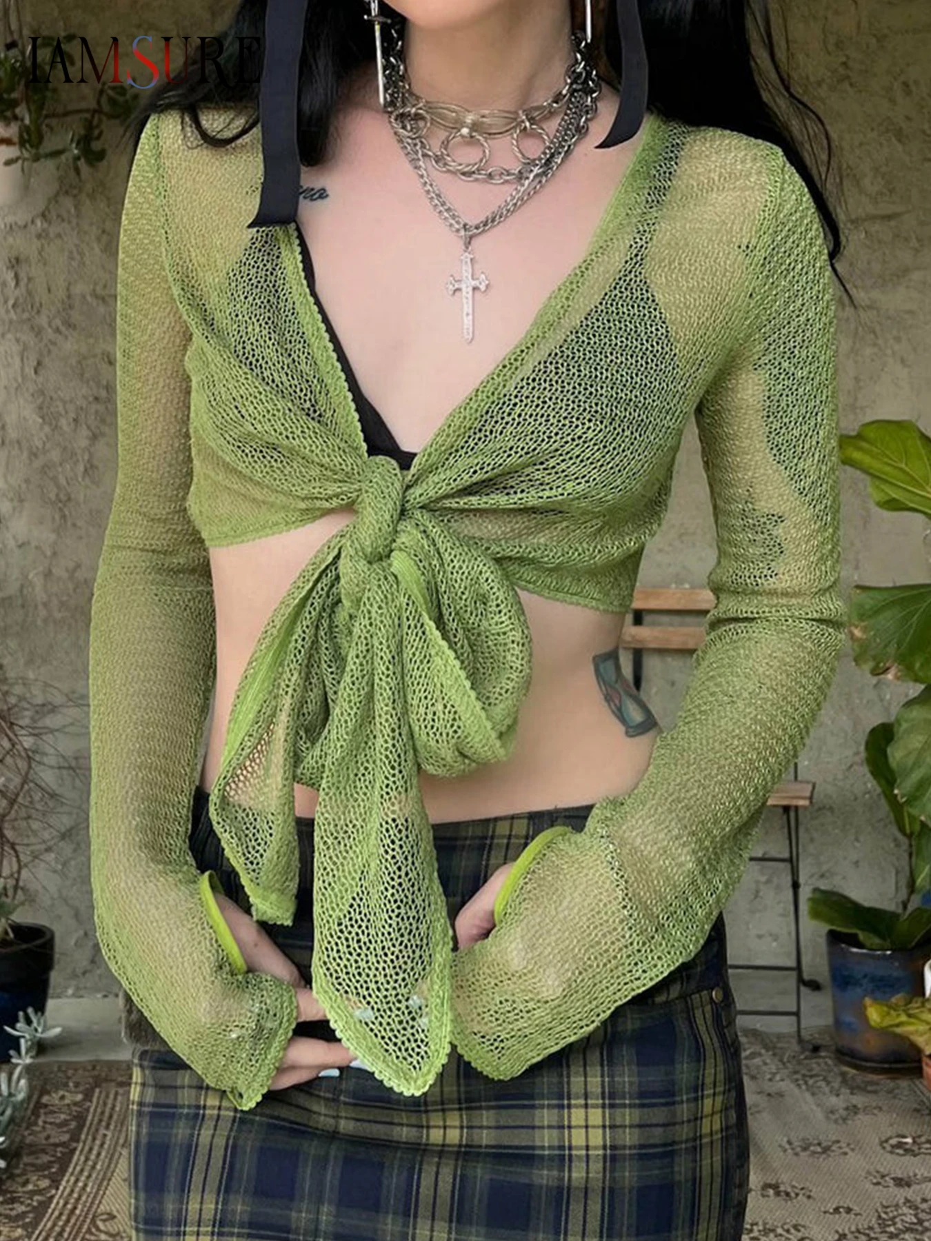 

IAMSURE Sexy Hollow Out Bandage Knitted Cardigans See Through Deep V-Neck Long Sleeve Cropped Tops Women 2025 Summer Fashion