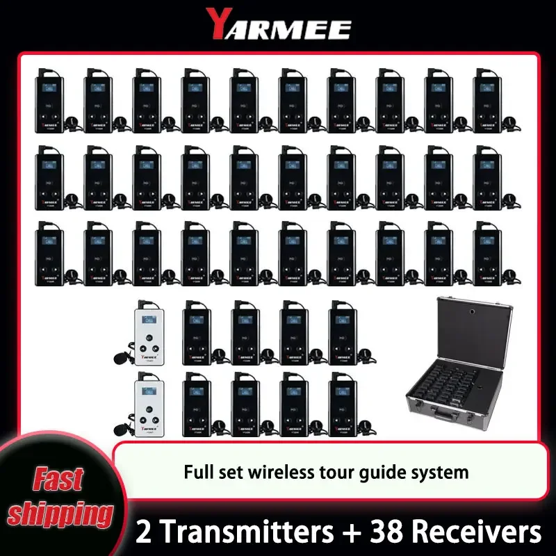 

YARMEE Full set Wireless Tour Guide System 2 Transmitters +38 Receivers With Charging case Microphone Earphone For Travelling