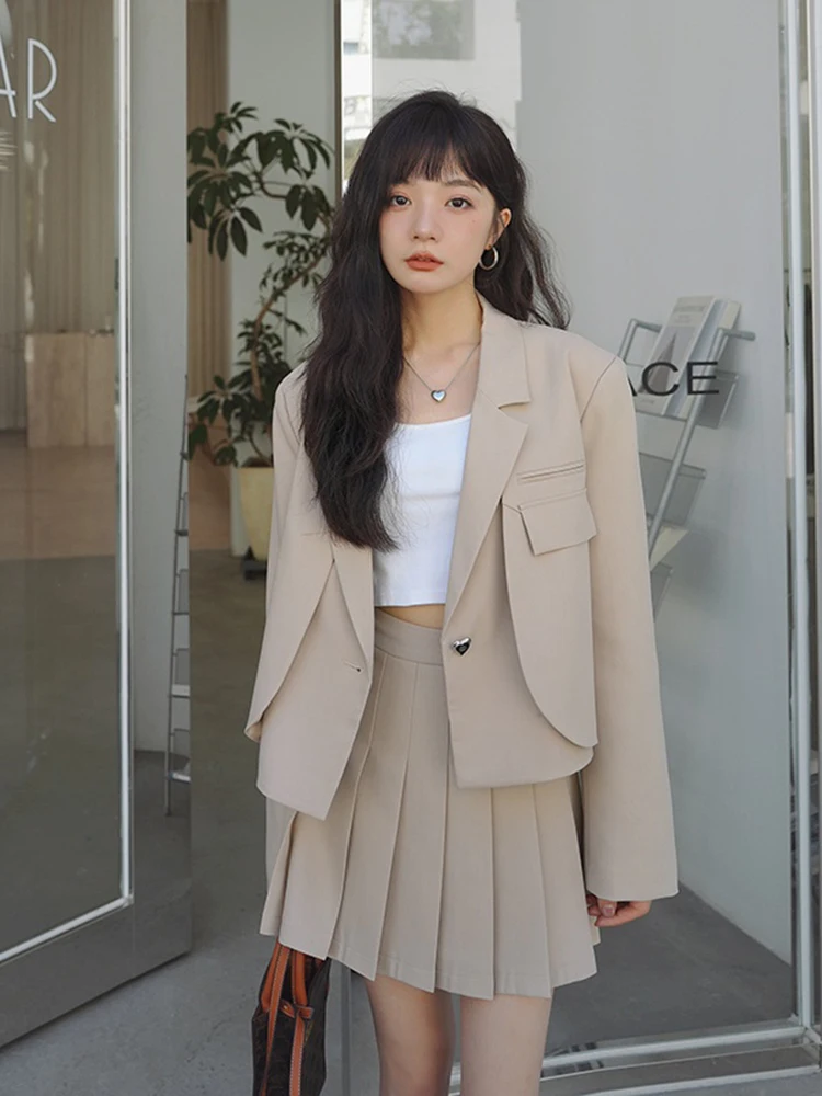 LANMREM Fashion Two-piece Set For Women Notched Long Sleeves Single Button Blazer With Pleated Skirt 2024 New Clothing 2Z1899