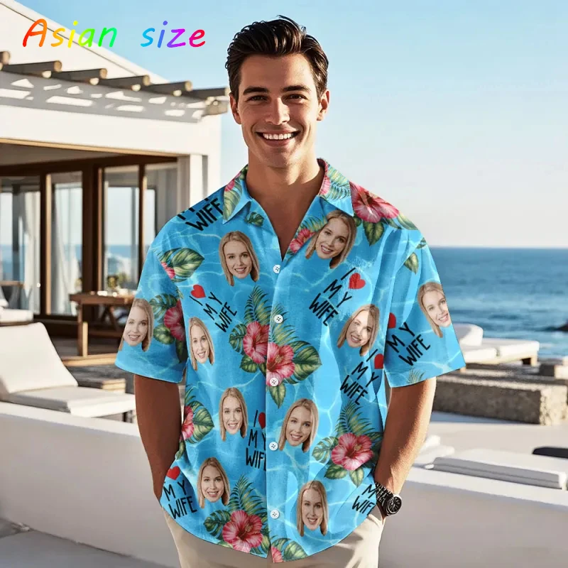 Hawaiian Shirt With Custom Face For Men Personalized Valentine's Day Gift I LOVE MY WIFE/ HUSBAND Tropical Beach Button Blouses