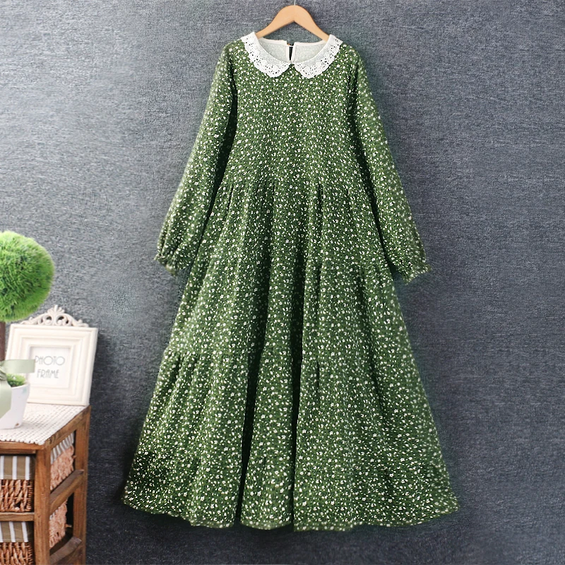 Autumn New Sweet Hook Flower lapel Floral Print Dress Women Long Sleeve Loose Midi Dress Z2393