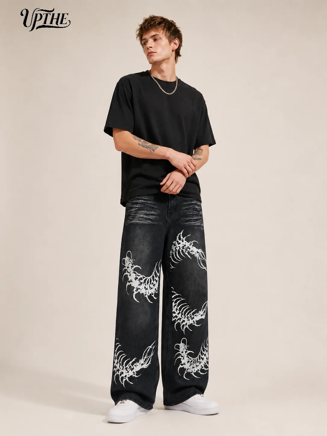 UP.THE Men Black Faded Baggy Wide Leg Jeans, Y2K Oversized Loose White Centipede Skeleton Print Denim Pants, Gothic Grunge Streetwear Trousers for Daily Outfits - view 6