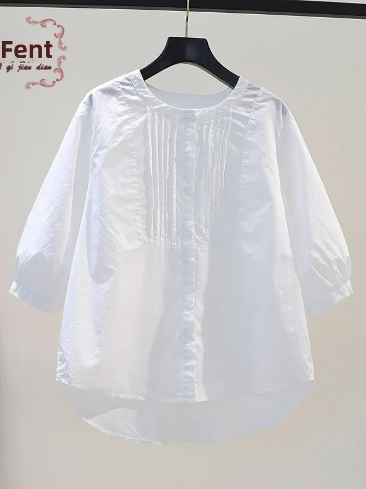 ホワイトカジュアルシャツ女性の夏の新しいデザインピュアカラーラウンドネック7分袖多用途トップスポケットハンカチ付き