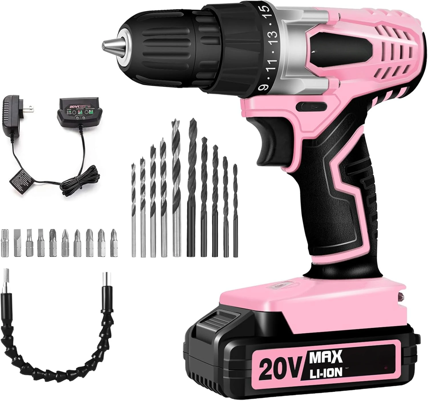 20V MAX Lithium lon Cordless Drill Set, Power Drill Kit with Battery and Charger, 3/8-Inch Keyless Chuck, Variable Speed