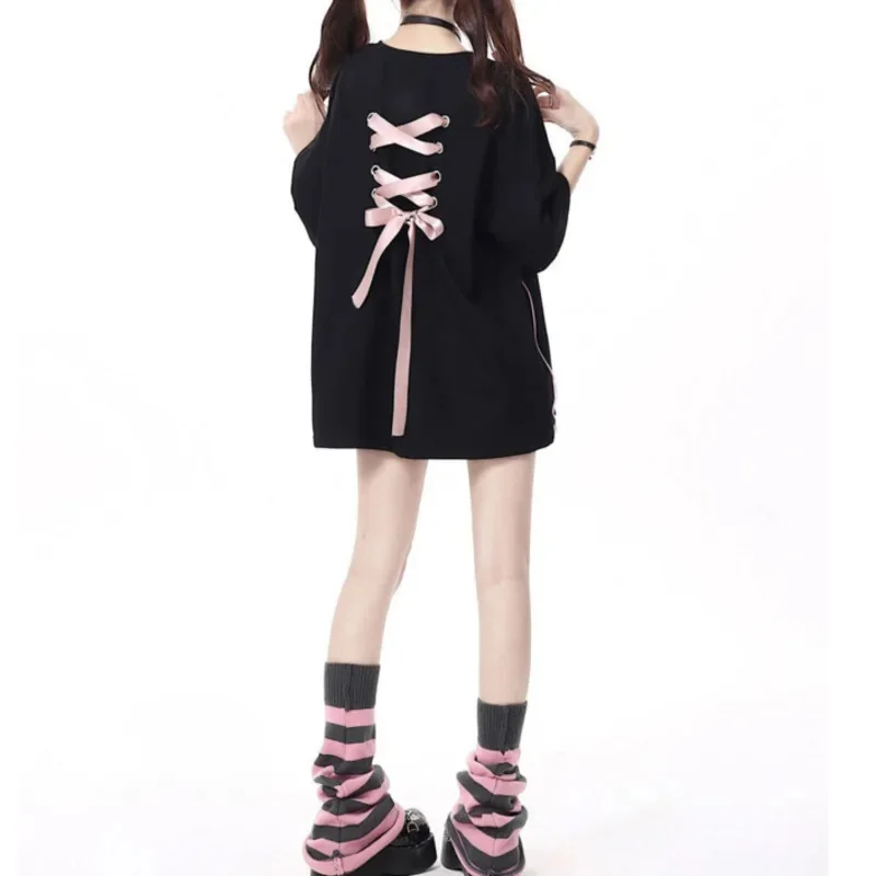 Women Bow Tie Tops&Tees With Pure Cotton Short Sleeved T-shirt For Summer Strap Dopamine Casual Half Sleeved Loose Top Tee New
