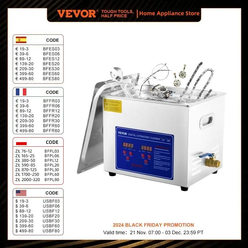 VEVOR 10L Ultrasonic Cleaner Machine Stainless Steel Ultrasonic Cleaning Machine Digital Heater Timer Jewelry Cleaning for Home