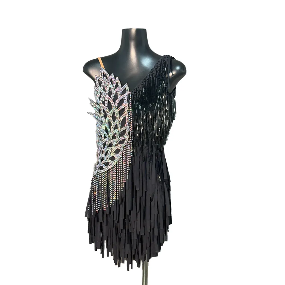 

Latin Dance Costume, Rhinestone Women's High-end Custom Fabric Strip, Skirt Hem, Suspender, Samba Performance High Flash Dress