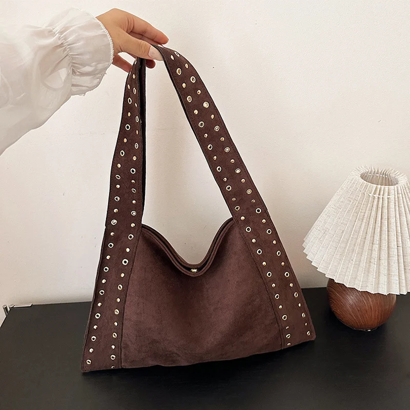

Retro Shoulder Bag Fashion Motorcycle Style Rivet Underarm Bag European And American Simple Bucket Bag Buckle Women Tote Handbag