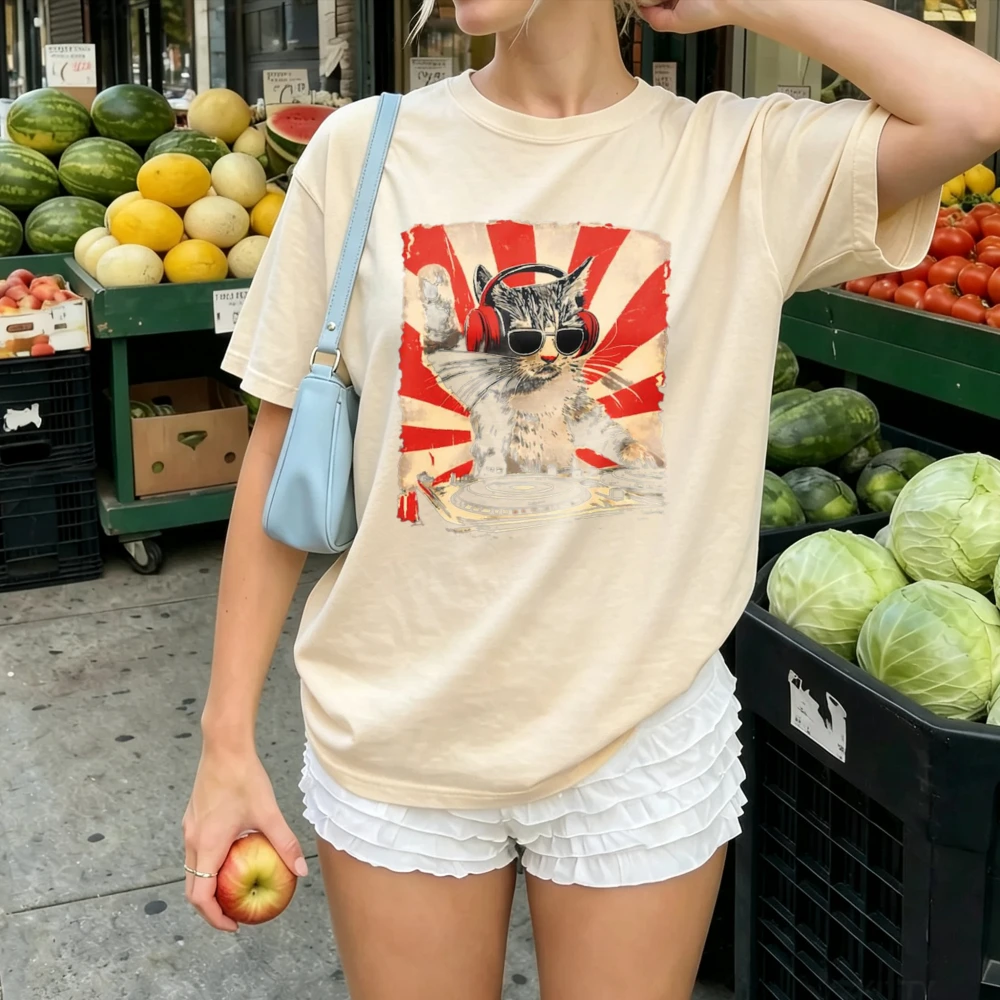 Vintage DJ Cat Wearing Headphones Sunglasses Tshirt Women Retro Sunset Disc Jockey Kitten Print Casual Cotton Music Lover Blouse - view 3