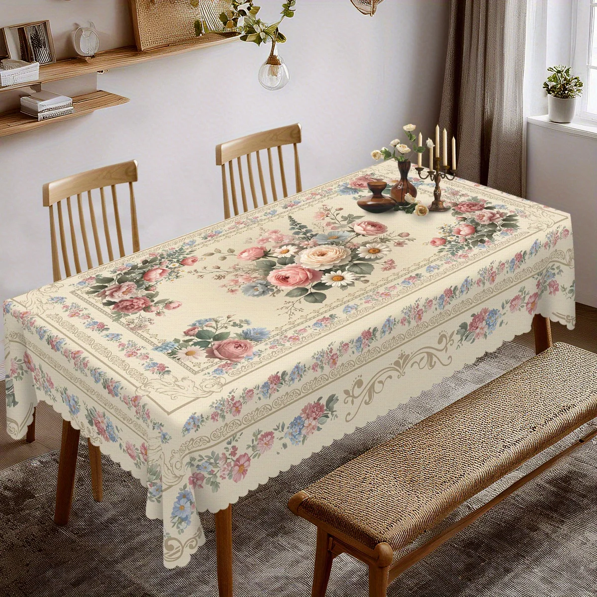 

1pc Pink Rose Daisy Bouquet Pattern Tablecloth Country Dining Room Decor,Aesthetically pleasing and durable
