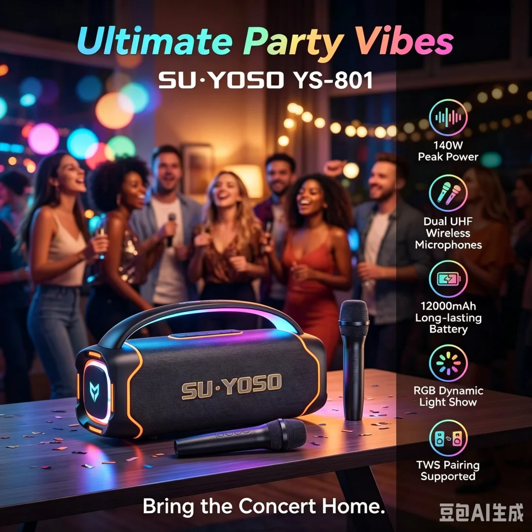 YS-801 140W High-power Wireless Karaoke Speakers With 12000MAH Rechargeable Battery Dual UHF Microphone Support TWS/USB/TF/AUX