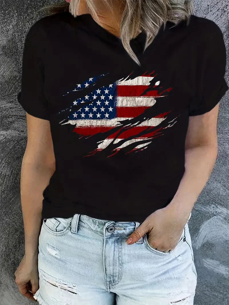 

American Flag Print T-Shirt, Independence Day Short Sleeve Crew Neck Casual Top For Summer & Spring, Women's Clothing