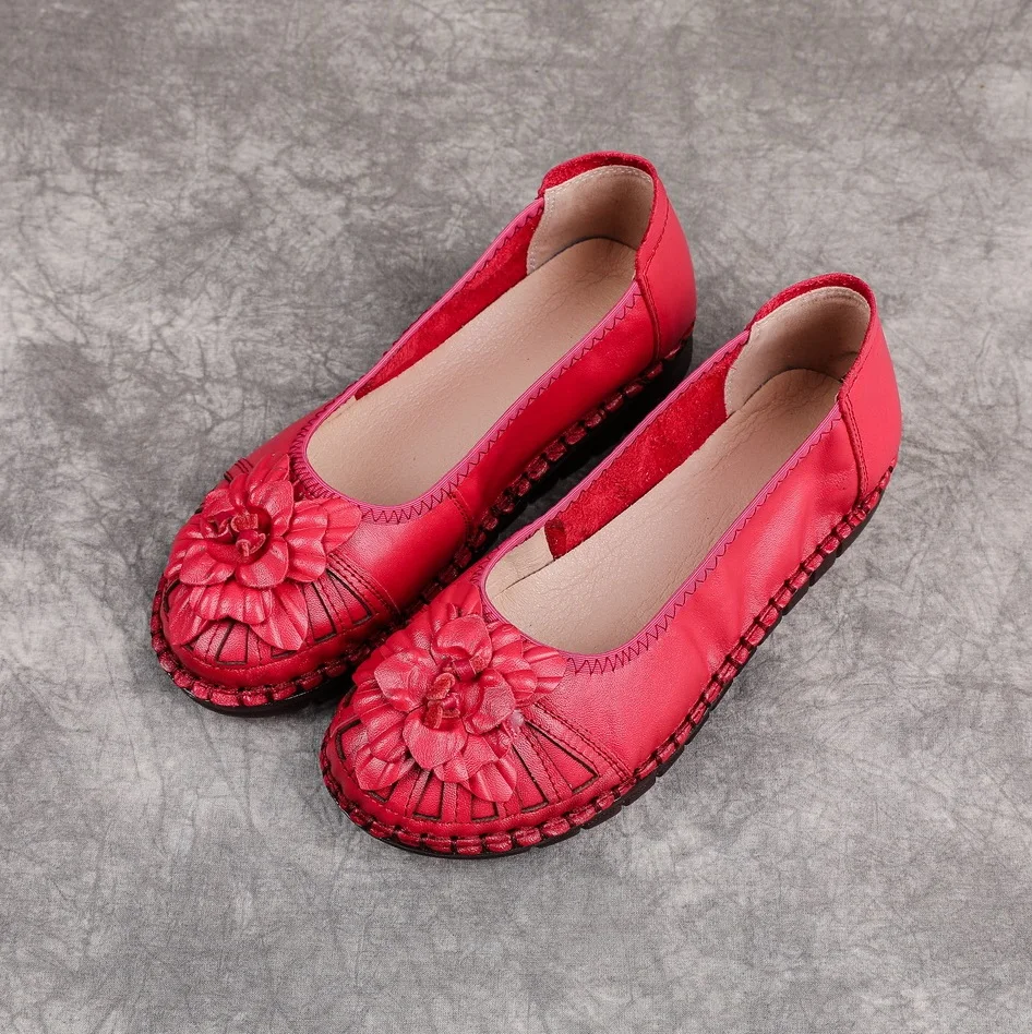 Picture 3: Hand Stitched Genuine Leather Ballet Flats Women's 3D Flower Anti Slip Moccasins Elderly Lady Ethnic Loafer Mother Walking Shoes