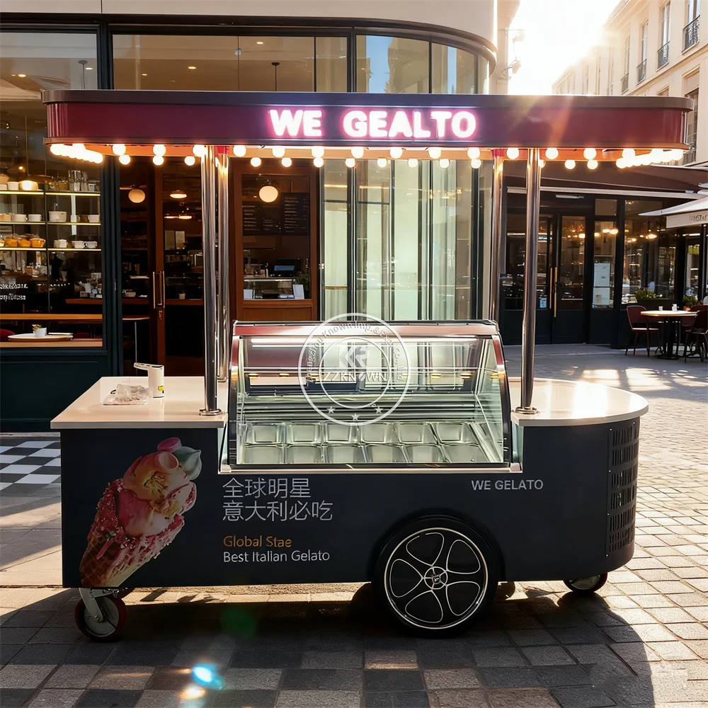 Hot Selling Ice Cream Cart Refrigerated Mobile Luxury Outdoor Ice Cream Outdoor Cart with Umbrella and Built-in Refrigerator