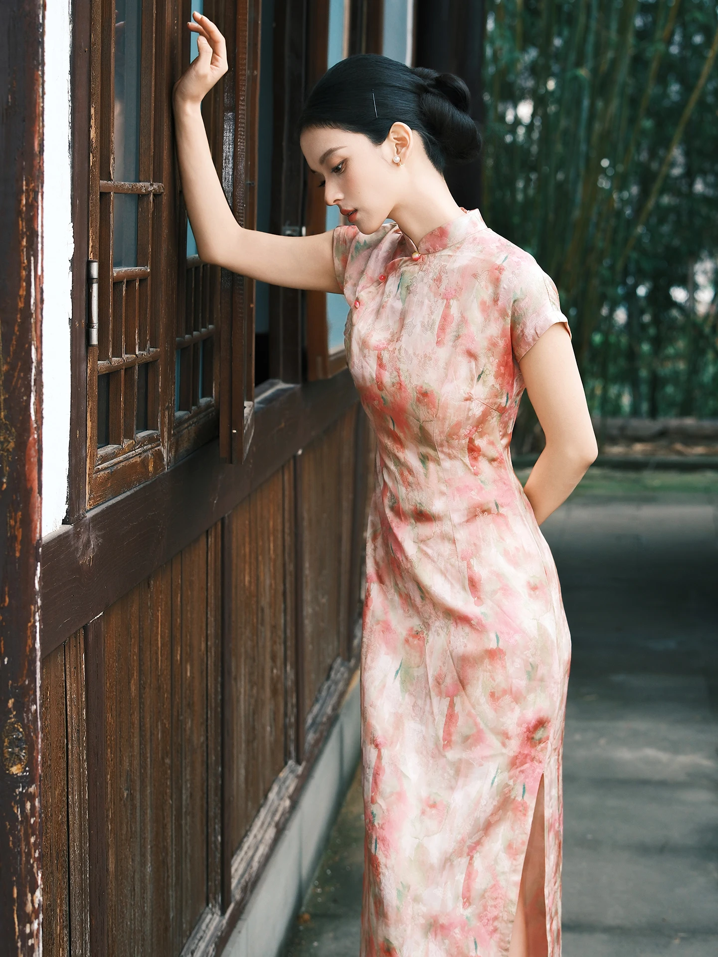 

Розовое платье в китайском стиле, элегантное, летнее, новое, ретро, высококачественное, для повседневной носки, длинная юбка, короткий рукав, полиэстер