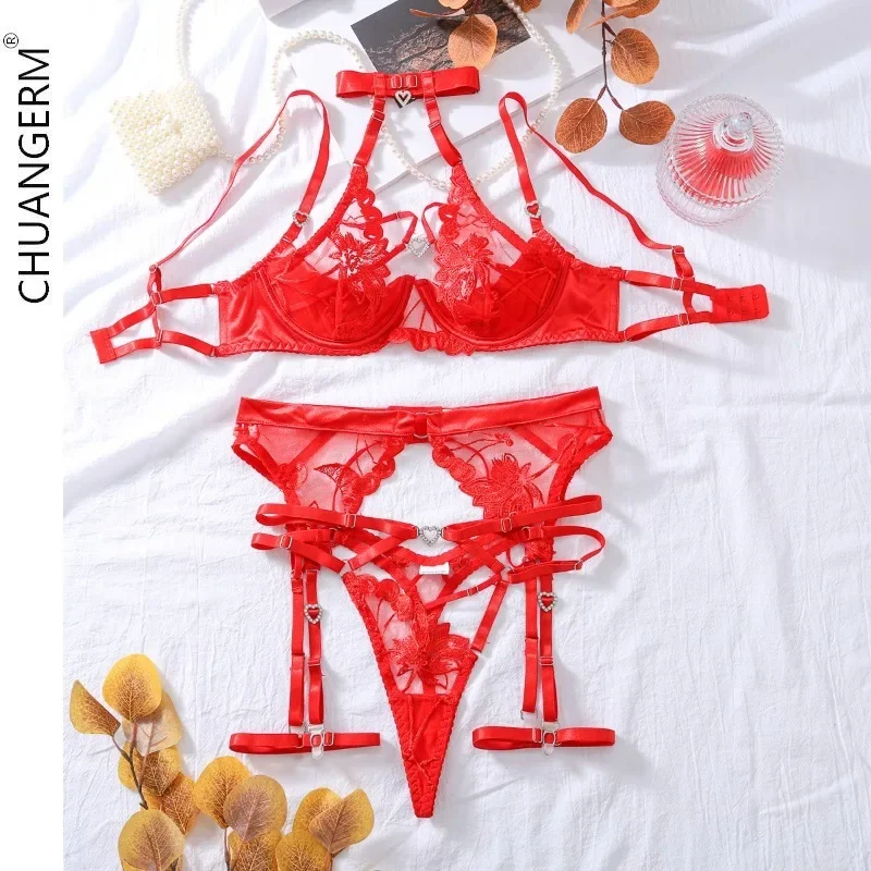 

CHUANGERM Erotic Embroidery Hot Panties Sexy Hollow Bra Top Sexy Halter Neck Women's Underwear Body Suit Lingerie Diamond Button