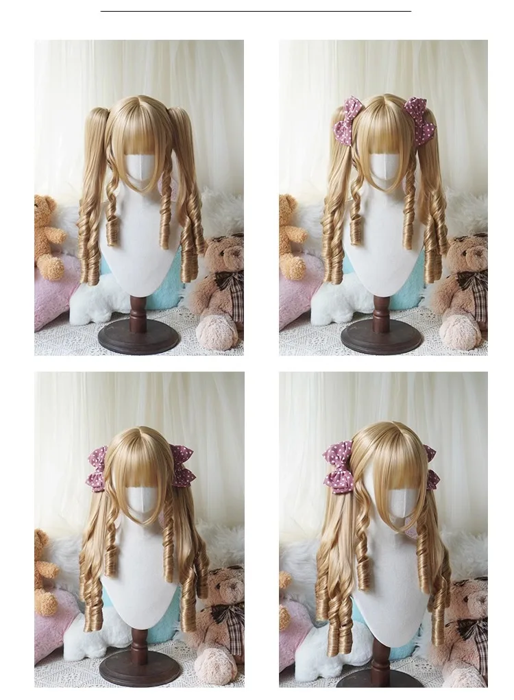 Sweet Roman Curly Synthetic Retro Lolita Long Curly Hair With Tigermouth Double Ponytail  Anime Wig Woman Party Cosplay Wig