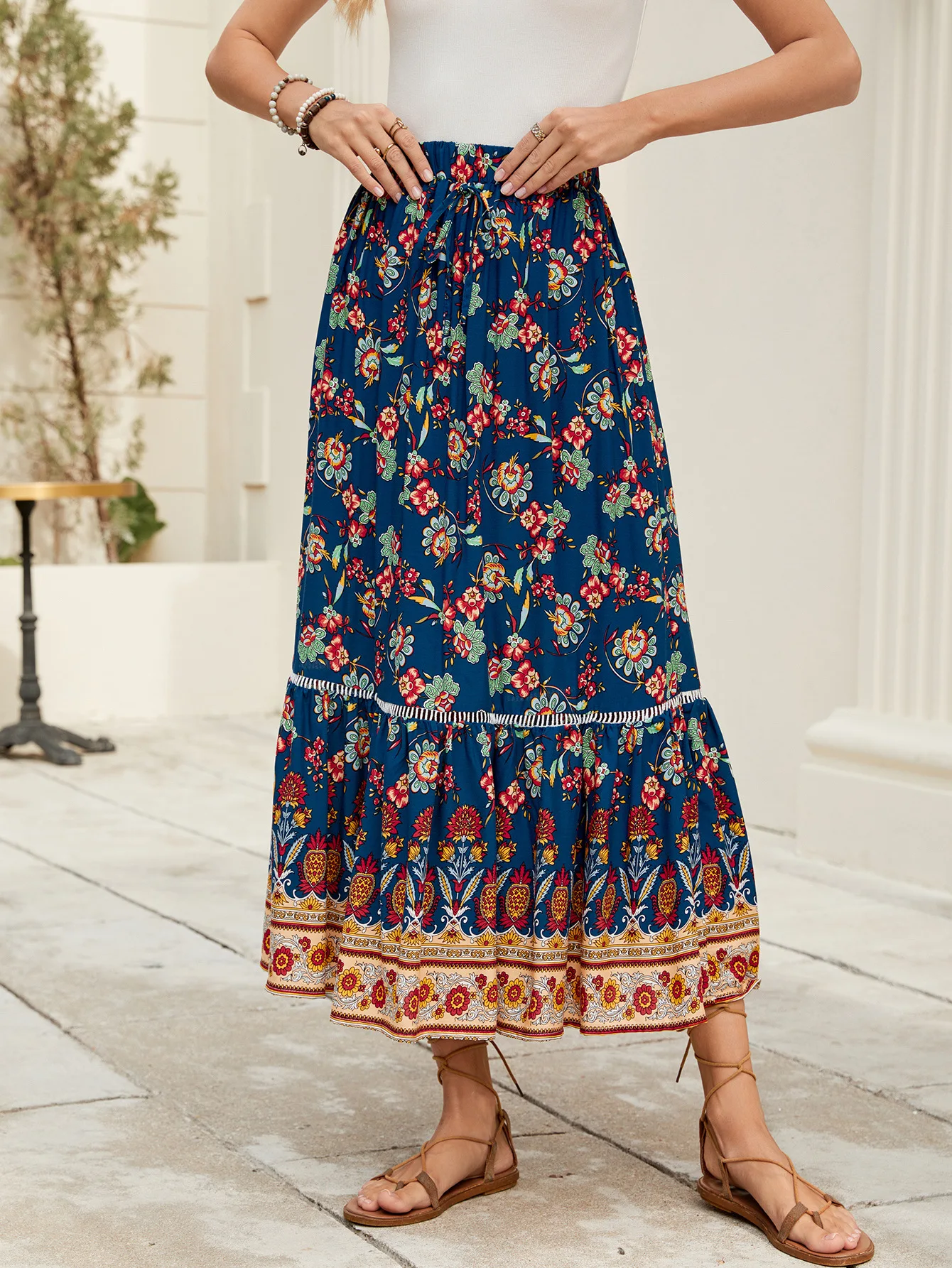 2025 Vacanza Blu scuro Stampa Rayon Gonna bohemien Allentato Casual Beach Style Swing Gonna a trapezio Estate Jupe femminile