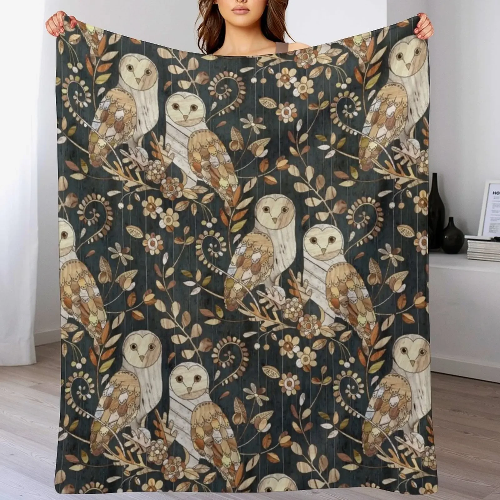 Wooden Wonderland Barn Owl Collage Throw Blanket Flannel Fleece Soft Warm Throw Blanket