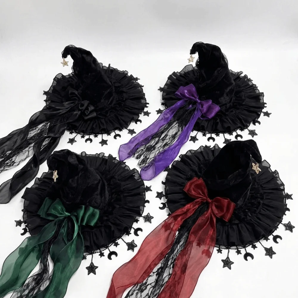 Dramatic Wide Brim Witch Hat Ruffle Brim Lace Trim Gothic Hat Gothic Dark Style Cosplay Costume Hat Cosplay Party