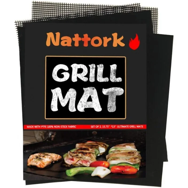 Nattork outdoor, set of 2 non-stick BBQ mat, reusable; heavy duty under gas, charcoal, electric grill easy clean grilling mats