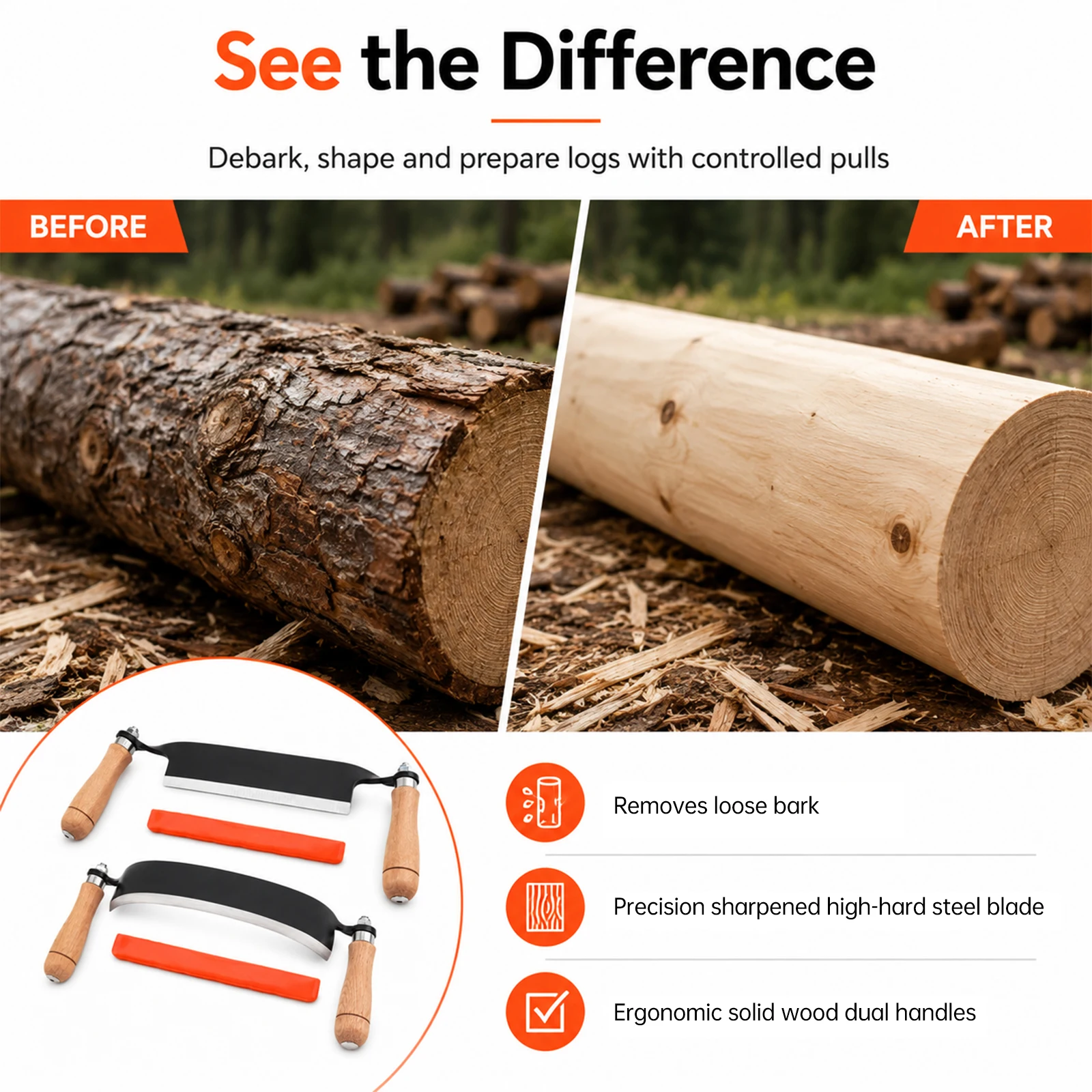 2 Pcs Straight Curved Bark Peeling Hand Tools Woodworking Debarking Tool Set Wood Shaving Draw Shave Set Carpenter Hand Planer