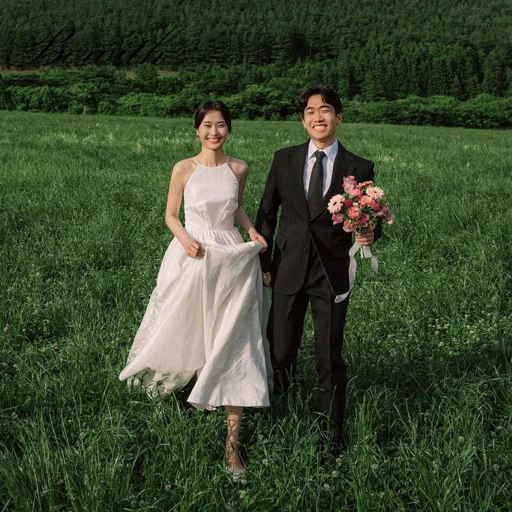 

Bowith O-Neck Spaghetti Straps Wedding Dresses Korea Photo Shoot Dresses Customized A-line Sleeveless Simple Bridal Gown