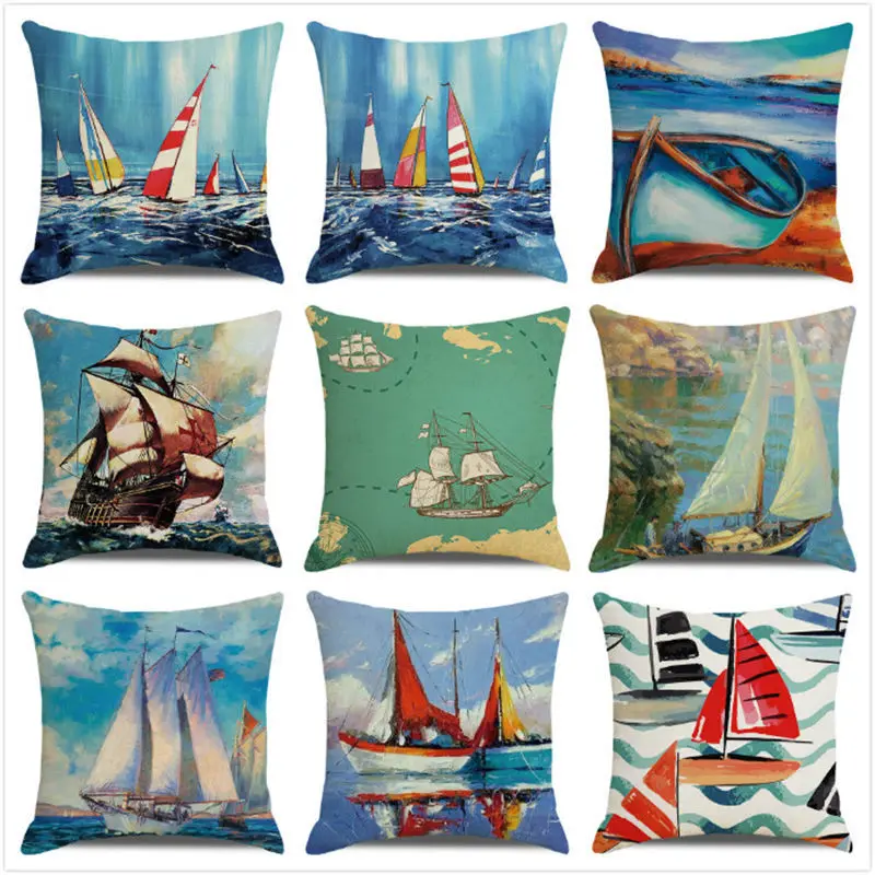 

Sailing Grand Voyage Printed Pillowcase Oil Painting Sailboat Cushion Cover Sofa Seat Car Decorative Throw Pillow Cover 45x45cm