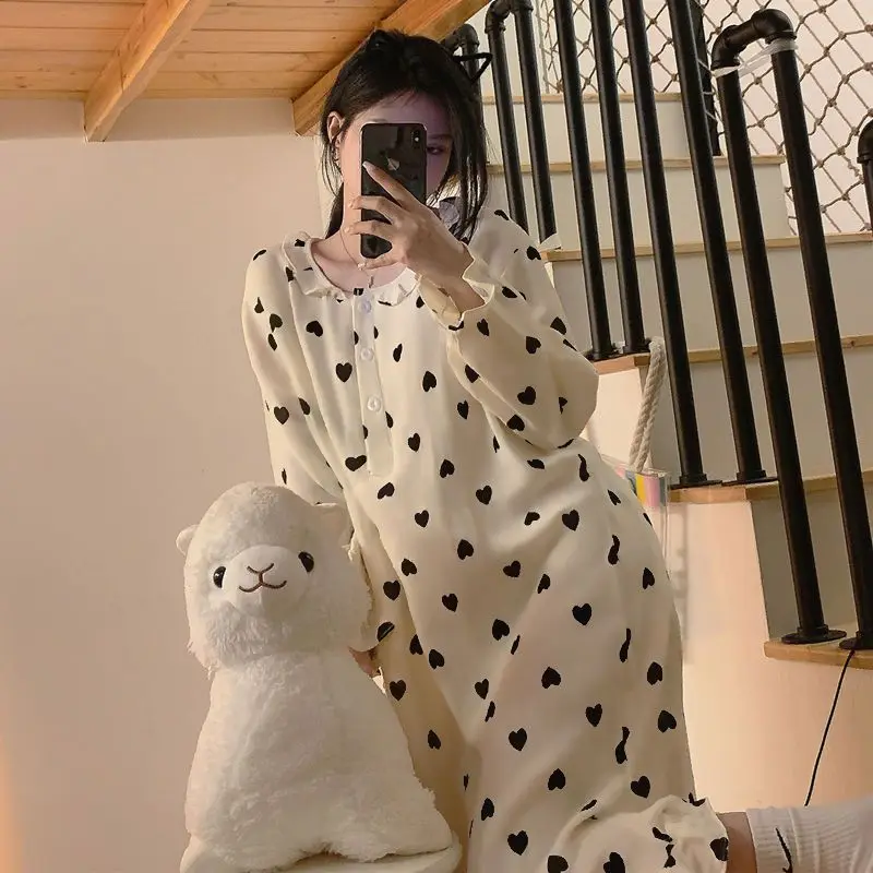Korean Women Spring Autumn Pajamas Long Sleeve Sweet Pyjamas Round Collar Printed Nightgown Lacework Single Breasted Sleepwear