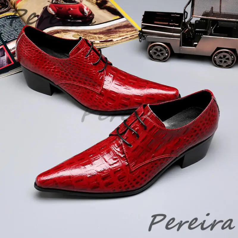 

Red Genuine Leather Pointed Toe Men's Shoes Cowhide High Heel Lace-Up Derby Shoes Summer Party Wedding Dress Shoes Large Size